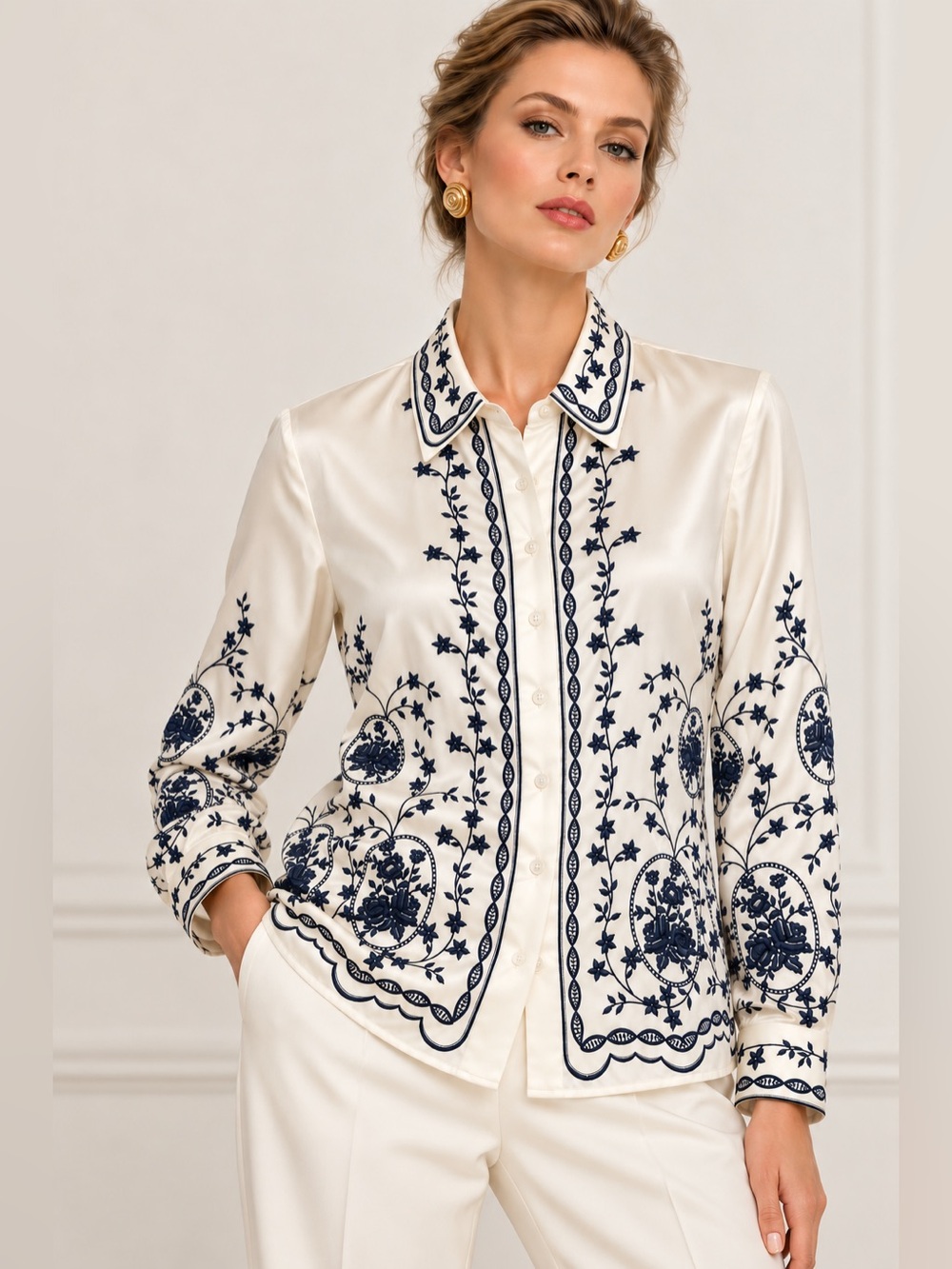 ESCADA Margaretha Ley 100% Silk Floral Print Blouse Ivory Navy Size 42
